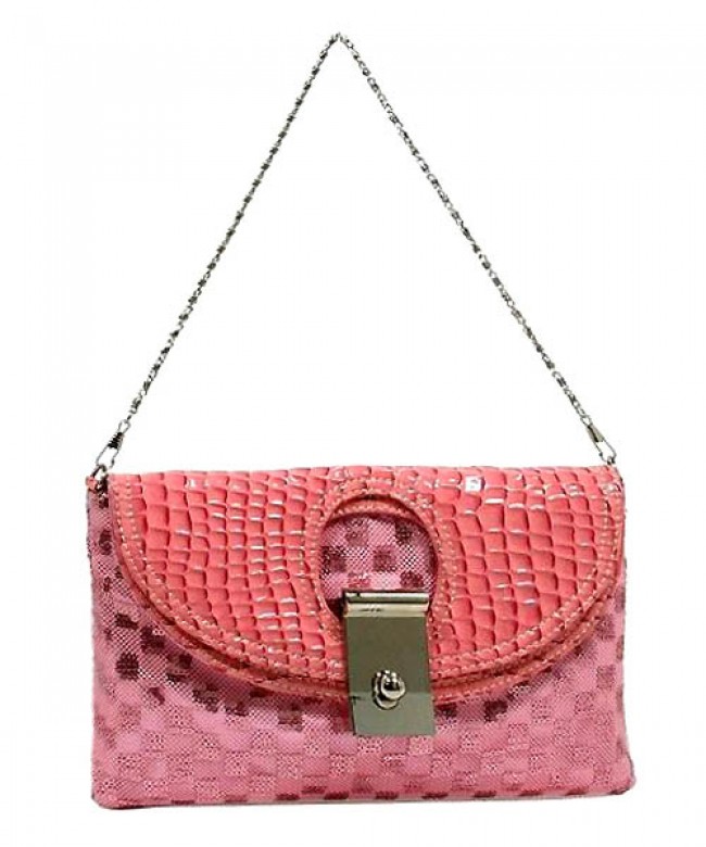 Evening Bag - Sequined Checker w/ Croc Embossed Dual Flap - Pink - BG-CE9913PK